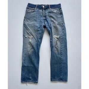 Vtg LEVIS 501 Blue Distressed Denim Jeans / 36 x 34 Beautiful Fade Straight Leg